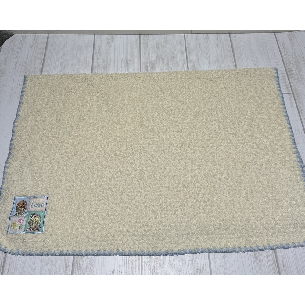 Precious Moments Baby Blanket Cream Unisex Love Blue edge stitching Vtg 40x30"